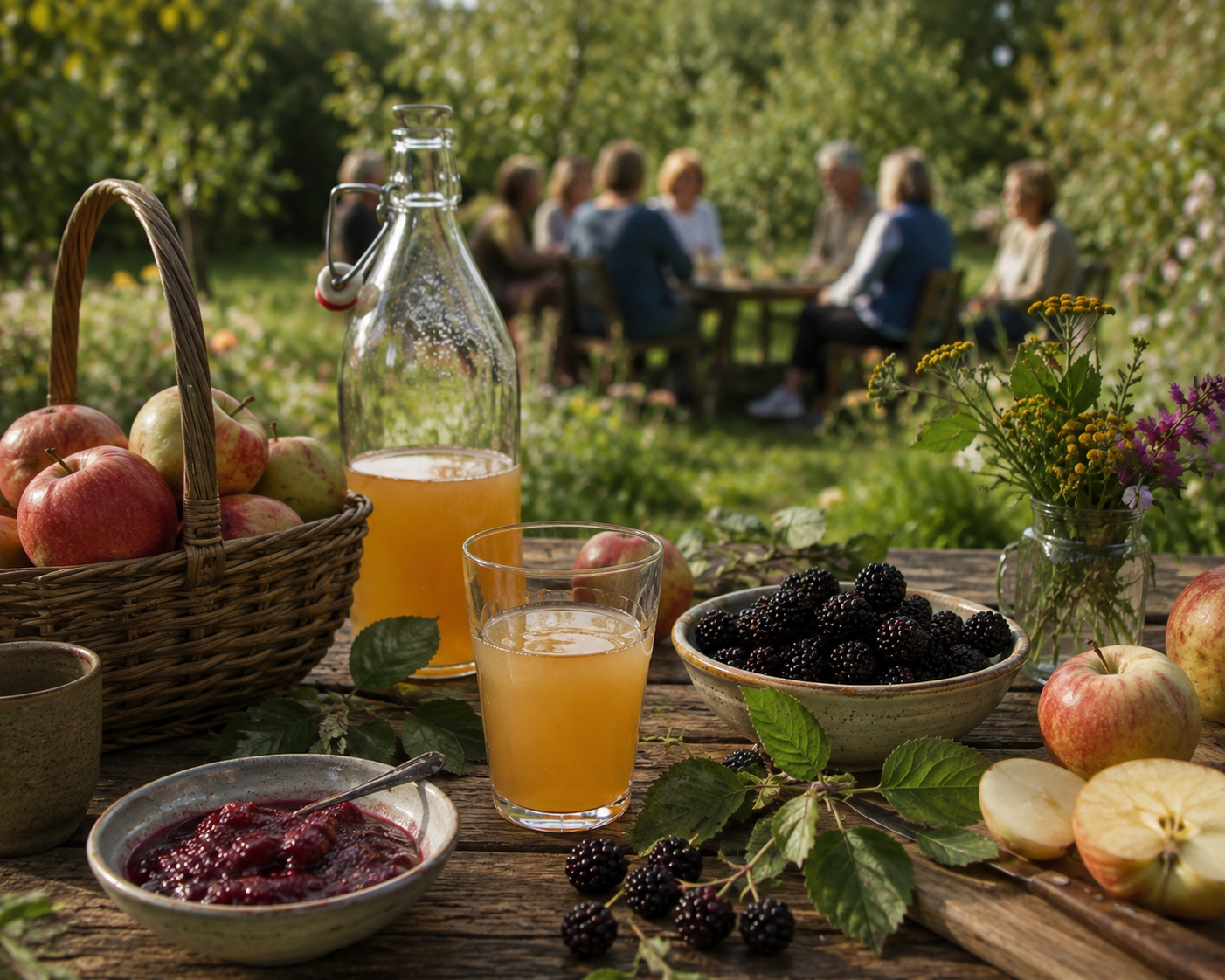 Harvested fruits and apples. people in orchard. Harvest jams and juices.